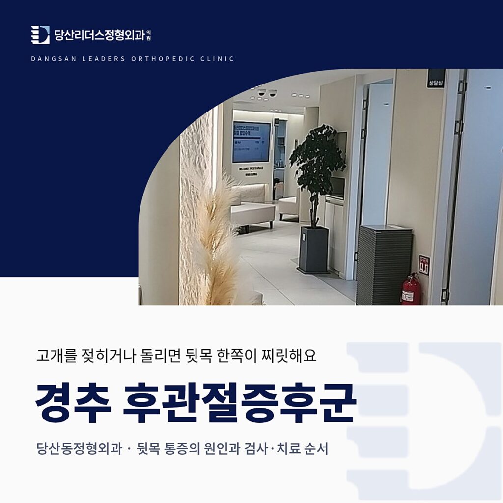 당산리더스정형외과의원 로고와 대기 소파와 복도 사진을 넣은 남색 배경 위에 '경추 후관절증후군, 당산동정형외과 · 뒷목 통증의 원인과 검사·치료 순서' 제목을 넣은 대표이미지
