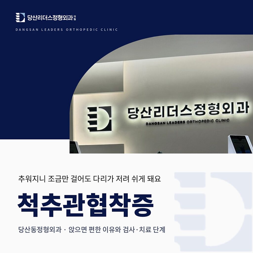 당산리더스정형외과의원 로고와 접수대 정면 사진을 넣은 남색 배경 위에 '척추관협착증, 당산동정형외과 · 앉으면 편한 이유와 검사·치료 단계' 제목을 넣은 대표이미지